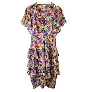 Vtg SANDY SANDY 80'S Floral Print Dress Sz S Ruffles Easter Spring Retro Fairy